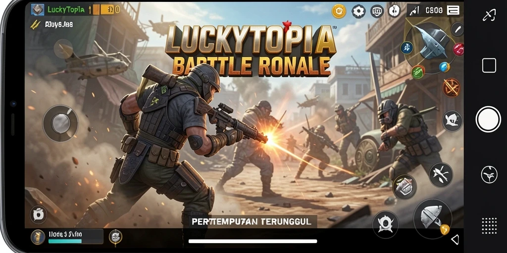Tangkapan layar utama LUCKYTOPIA menampilkan aksi pertempuran intens.